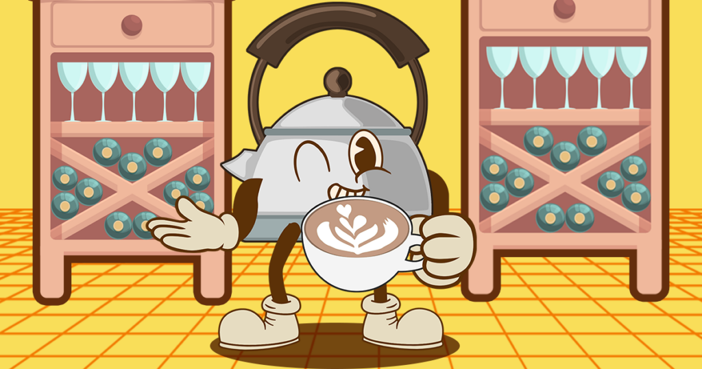 Retro cartoon making caffee late heart